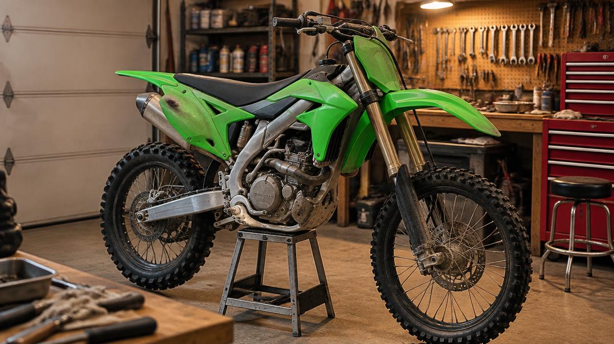 Dirt bike on a stand in a home garage